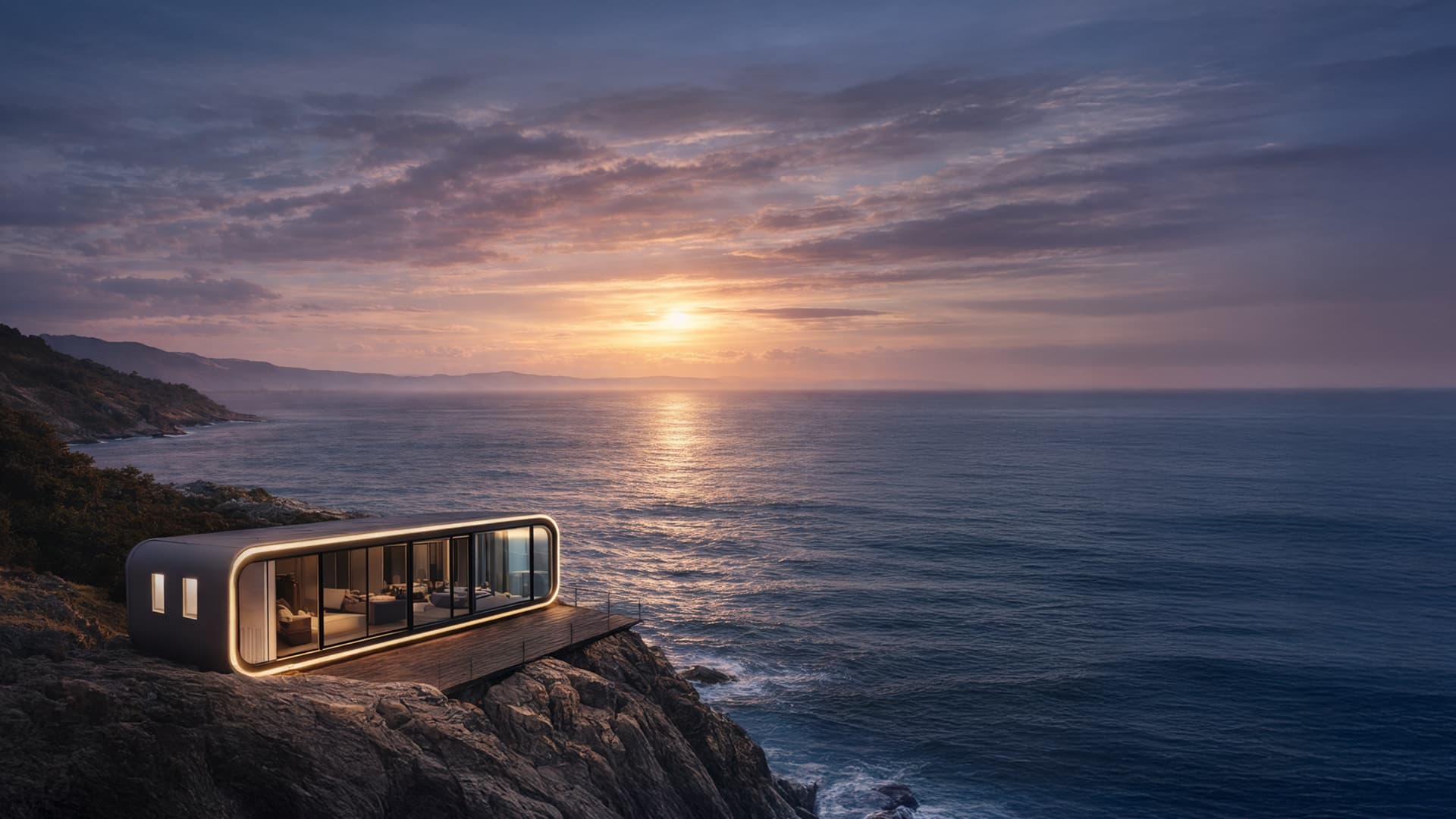NanoNest modular home exterior at dusk
